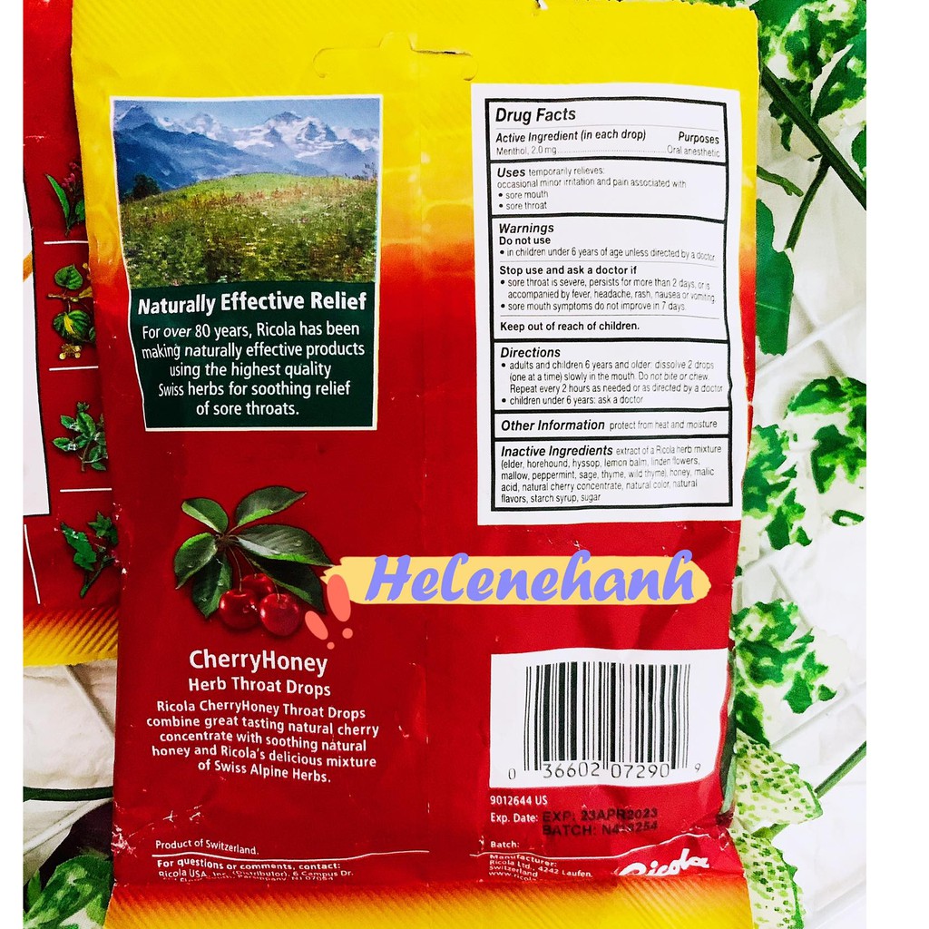 Kẹo ngậm giảm ho và thông cổ Ricola Cherry Honey 24 viên
