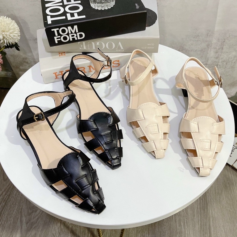 Sandal mũi nhọn quai cắt laze gót 3 phân