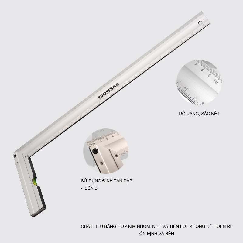 Thước eke góc vuông 300mm/500mm TUOSEN, thước đo góc 90 độ TUOSEN bằng chất liệu hợp kim nhôm