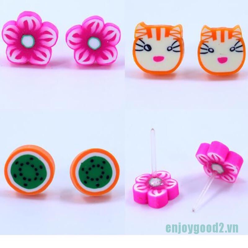 Combo 3 đôi hoa tai đất sét hình  hoa quả trái cây động vật đáng yêu cho bé gái