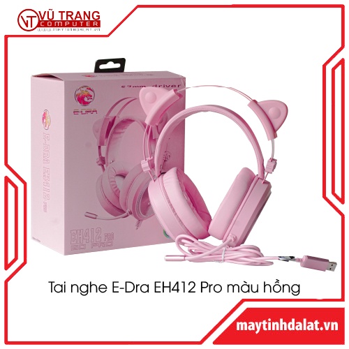 Tai nghe chụp tai gaming E-Dra EH412 Pro màu hồng - Tặng tai mèo dễ thương có đây có mic giá rẻ cho pc led rgb