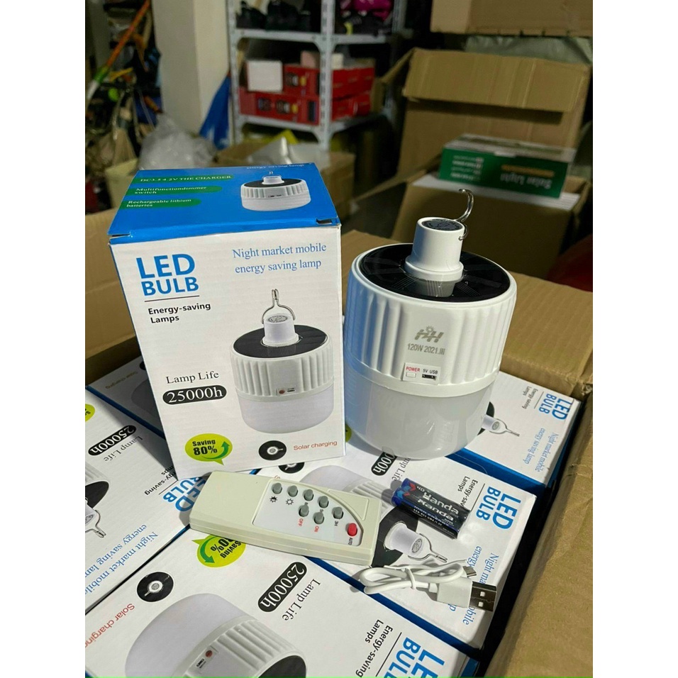 Bóng Đèn Led 120W Tích Điện Và Sạc Năng Lượng Mặt Trời Có Điều Khiển Từ Xa Kèm Theo Củ Sạc