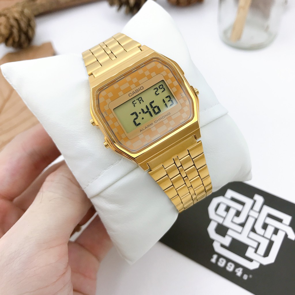 Đồng hồ nam/nữ Casio A159 / A159WGEA-9A dây thép không gỉ, chống nước 50m, size 33.2mm, hàng chính hãng