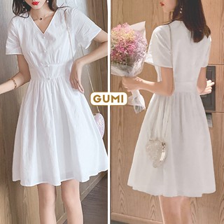 Đầm nữ dạo phố dáng xòe cổ tim nút bọc vải LENA trẻ trung sang trọng - GM2075