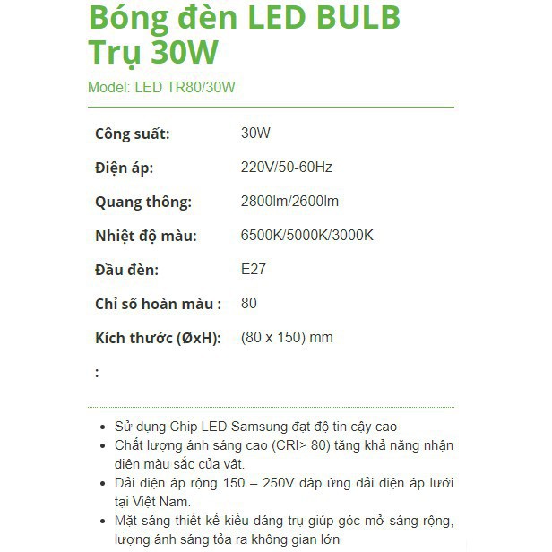 bóng đèn led tiết kiêm điện / Freeship từ 150k/  Bóng đèn LED Rạng Đông BULB Tròn / Trụ 30W_Ánh sáng trắng