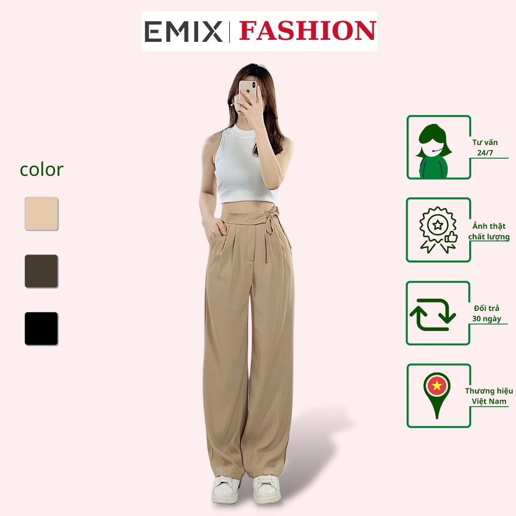 Quần vải xuông buộc dây EMIX (3 màu), basic trousers, dáng dài, cạp cao, ống suông, kèm dây đai, chất liệu tuytxi 534