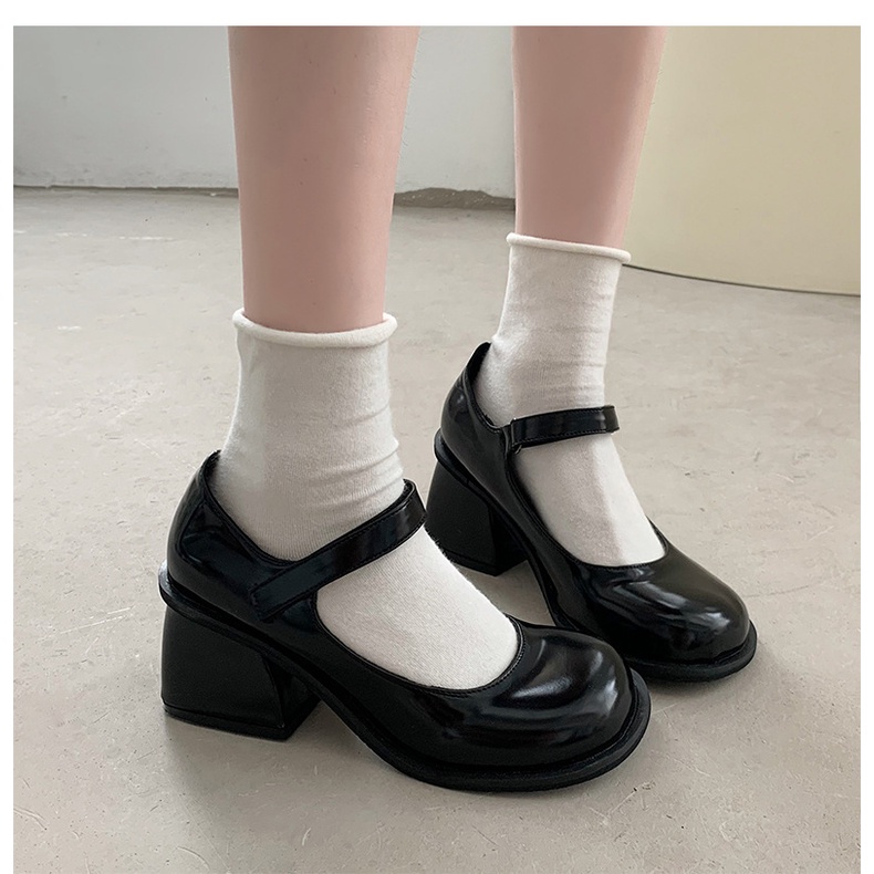 Giày Mary Jane Nữ Cao Gót Đế Vuông Đơn Giản Mũi Tròn Cao 5cm Phong Cách Ulzzang Tiểu Thư Đi Dự Tiệc