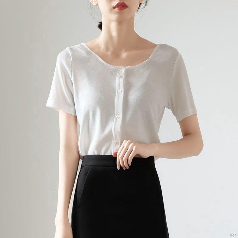 Áo thun len lưng cao tay ngắn cổ vuông