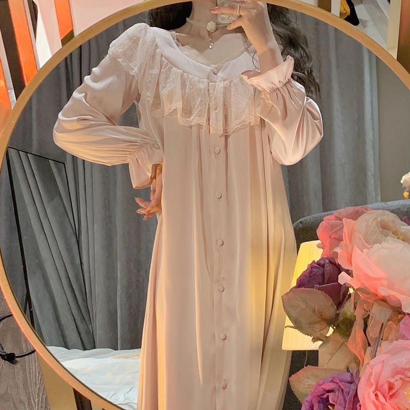 váy ngủ quảng châu cải ren lụa dài tay mềm mại phong cách nữ hoàng phòng ngủ
