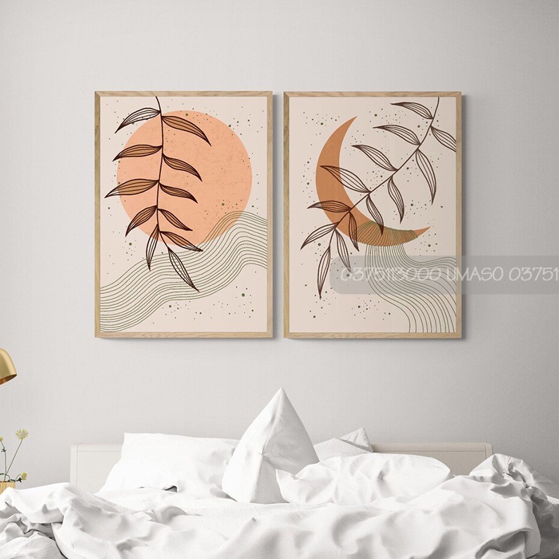 Set 2 tranh mặt trăng và mặt trời treo phòng khách, phòng ngủ chất liệu canvas