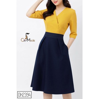 [BIG SALE] Đầm Xòe Vàng Phối Chân Xanh Than DH2394