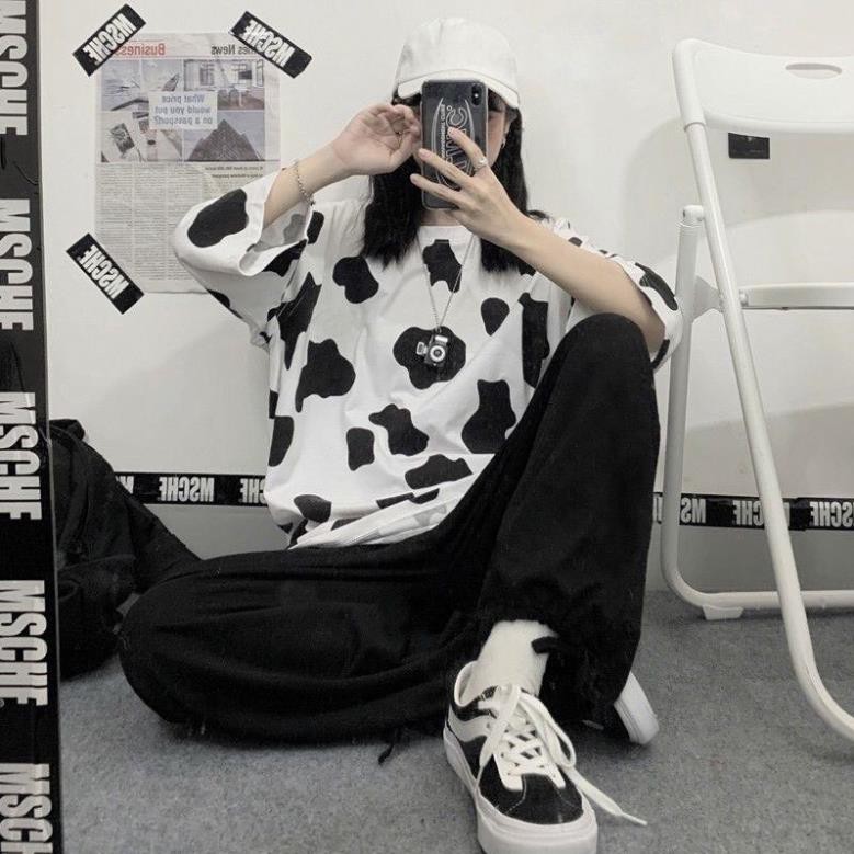 áo thun tay lỡ nam nữ họa tiết bò sữa, áo thun tay ngắn form rộng unisex bò sữa, áo thun phông rộng freesize *