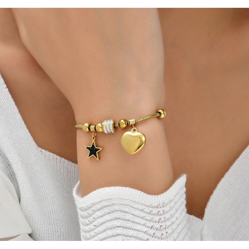 Lắc Tay Dây Rút Mặt Trái Tim Và Ngôi Sao Titan Ko Đen TT 4168