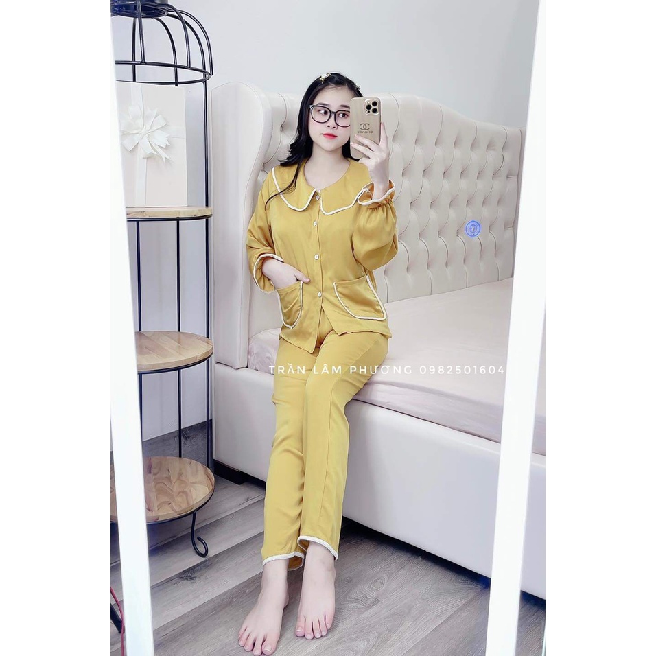 Bộ lụa satin dài tay cao cấp viền ren 2 túi trước
