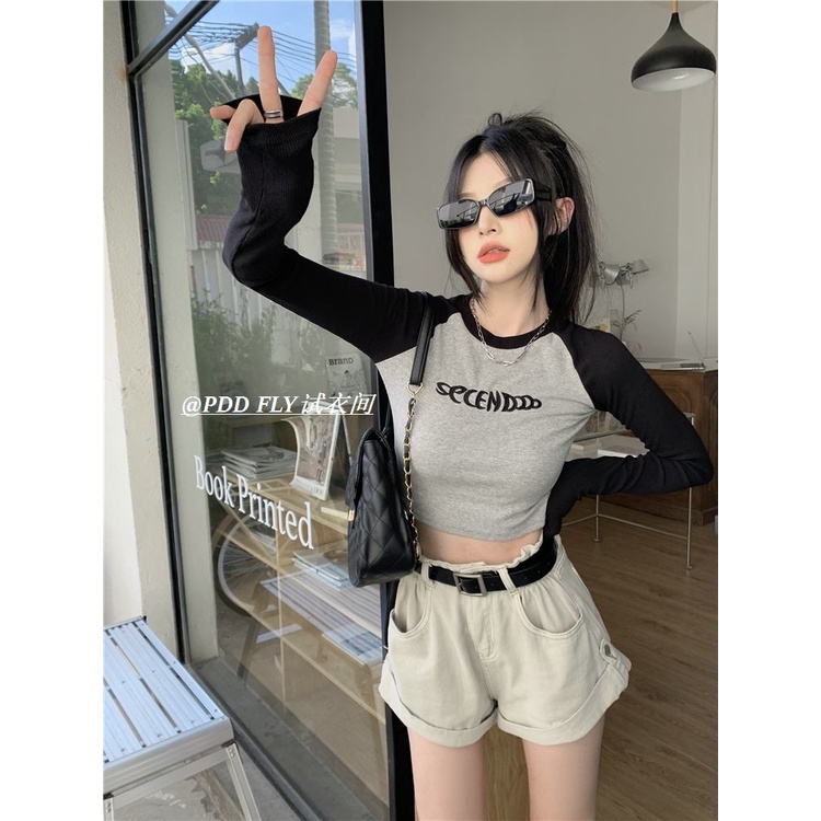 COZOK Áo Croptop Tay Dài Hoạ Tiết Chữ Thêu Phong Cách Vintage