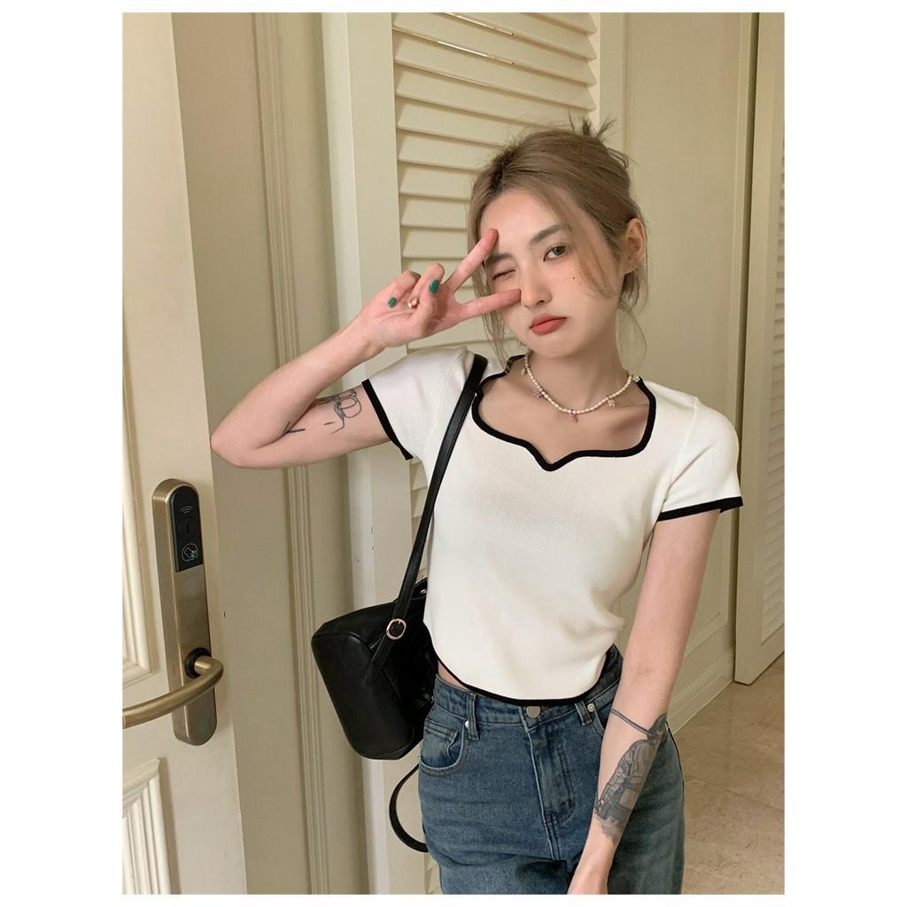 Áo sweater Ngắn Tay Cổ Vuông Thiết Kế Lệch Tà Cá Tính Dễ Phối Đồ