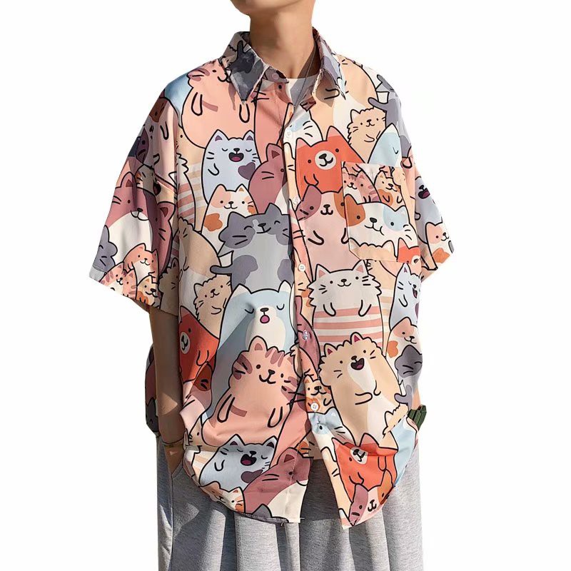 Hawaiian Style Cat Printed Short Sleeve Shirt For Men