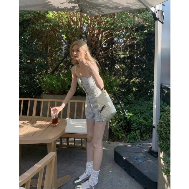 SET ÁO DẠ XANH 2 DÂY CROPTOP NÚT + QUẦN SHORT