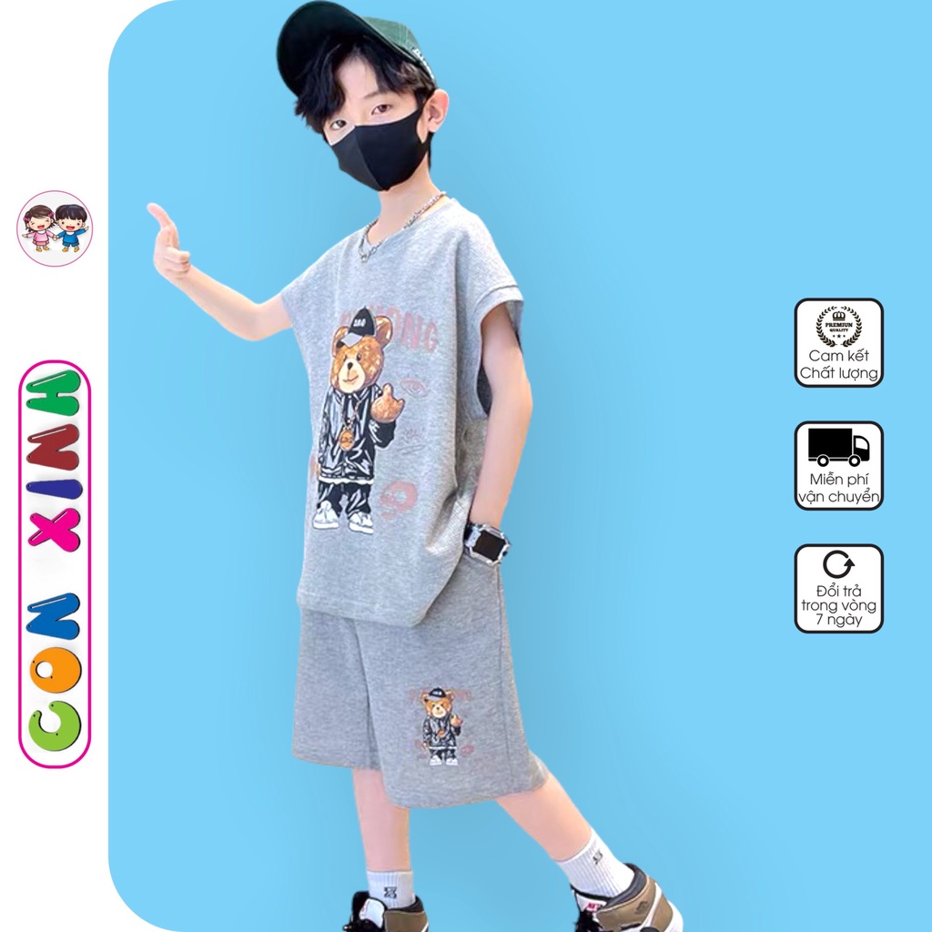 Bộ đồ bé trai Con Xinh cotton sát nách hình in GẤU SOLO,thời trang mùa hè dành cho trẻ em từ 4 đến 10 tuổi