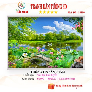 Tranh dán tường 3D phong cảnh hoa sen cây cầu trang trí phòng khách vải lụa kim tuyến