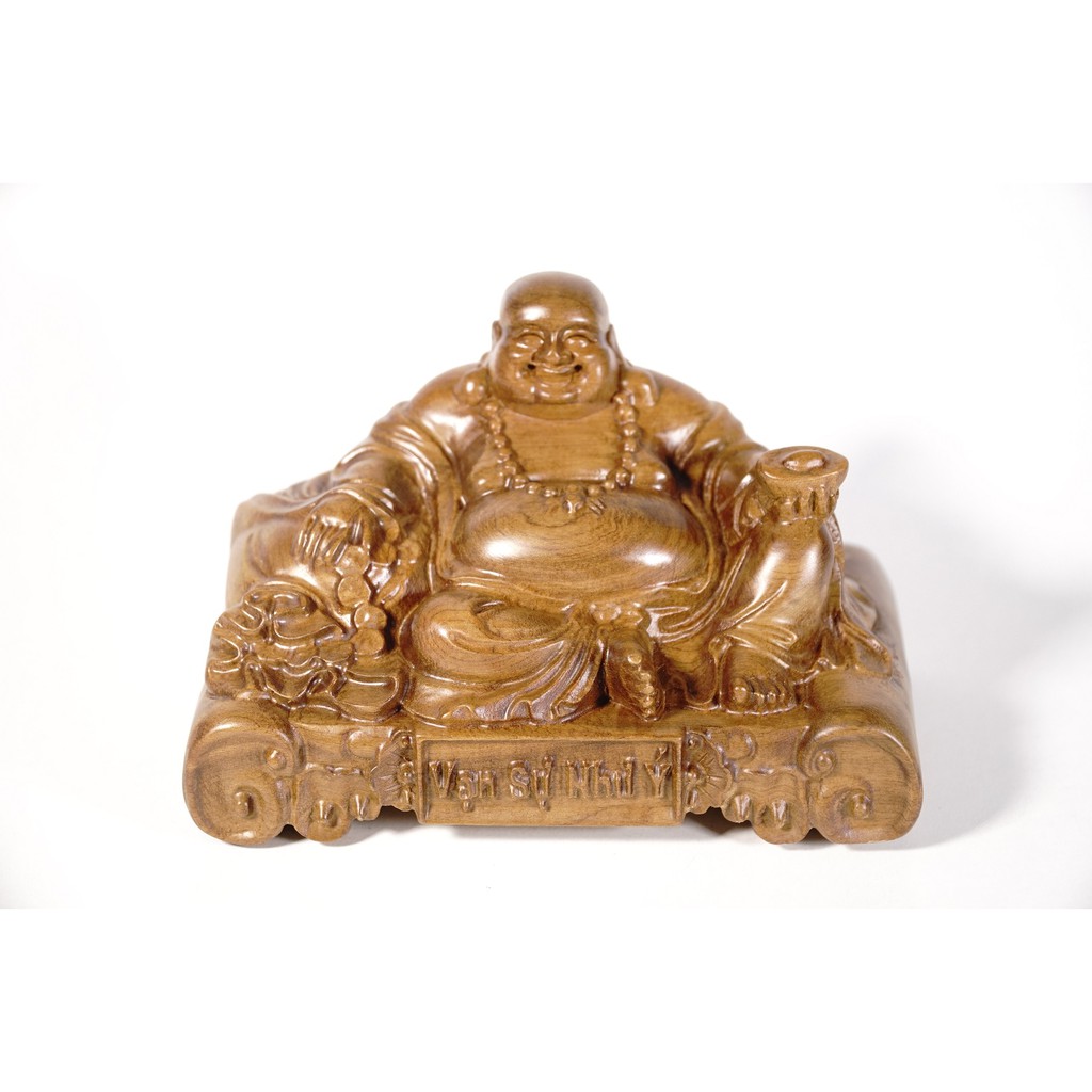 Tượng Phật Di Lặc gỗ Bách Xanh cầm vàng VẠN SỰ NHƯ Ý đặt xe ô tô cao cấp nguyên khối - Cao 9cm Rộng 15cm