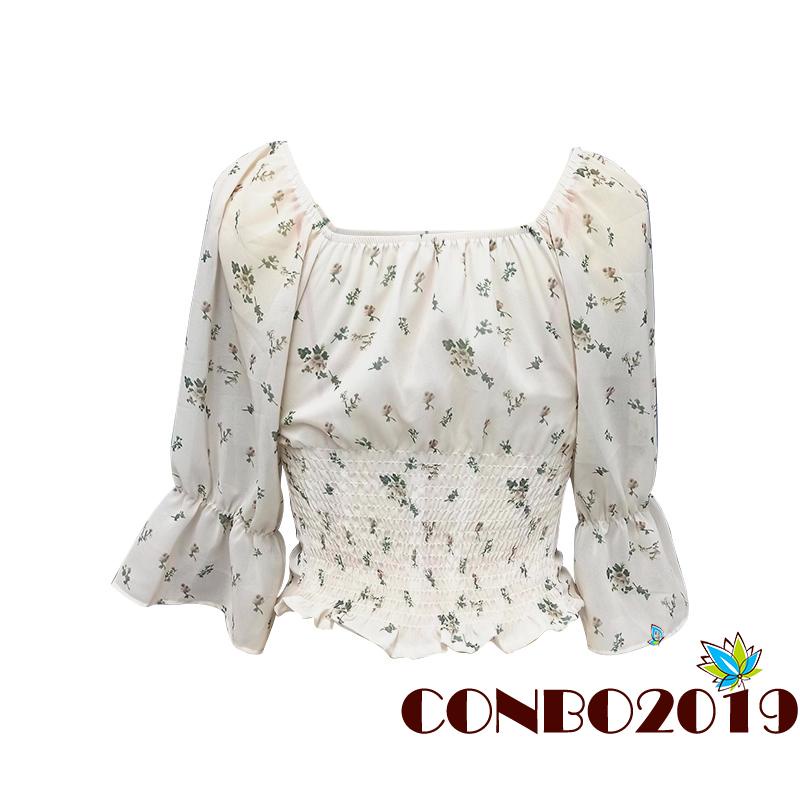 Áo croptop cổ vuông tay phồng in họa tiết hoa phối khóa kéo thời trang xuân hè cho nữ