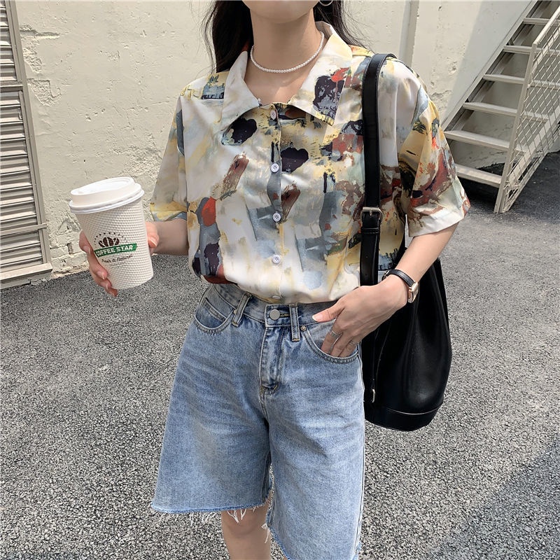 Áo Sơ Mi Tay Ngắn Họa Tiết Hoa Phong Cách Retro Hong Kong 164536 Áo Sơ Mi Dáng Rộng Họa Tiết Hoa Xinh Xắn Dễ Phối Đồ