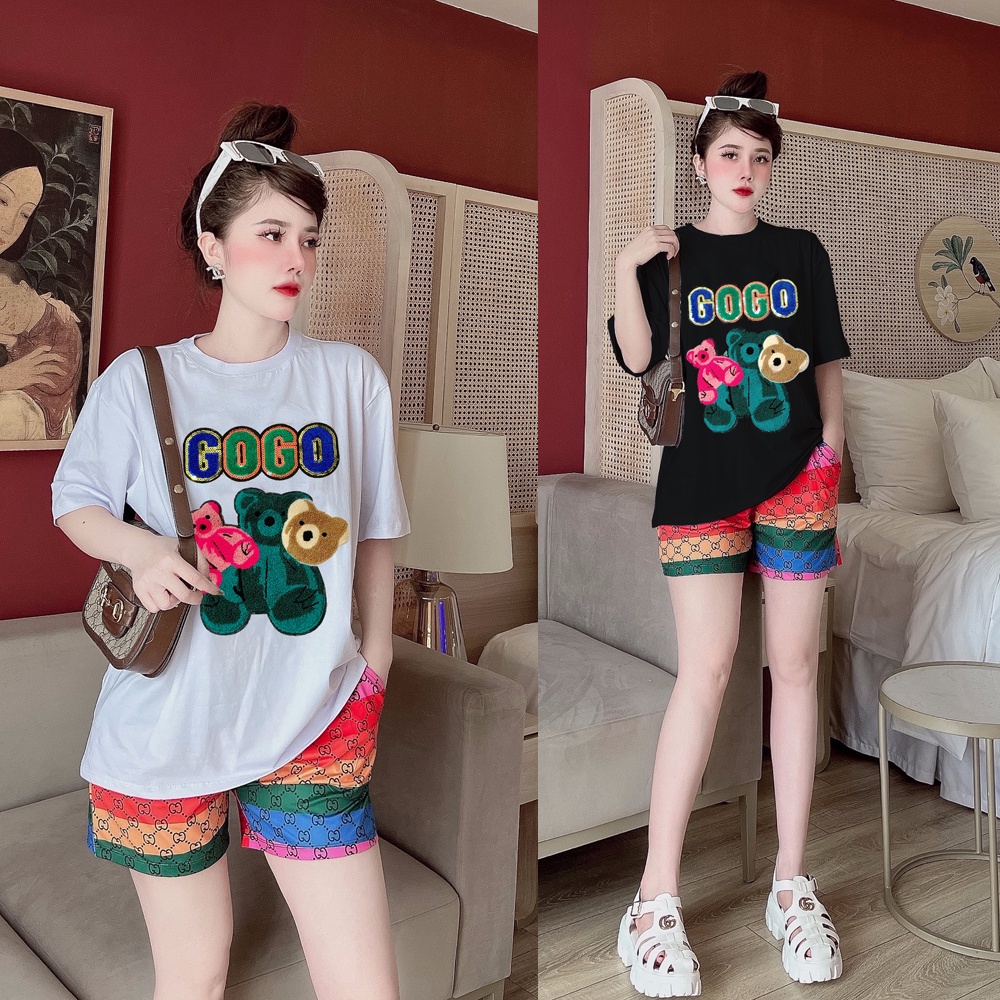 Bộ thun form rộng gấu bông nổi viền kim sa cao cấp