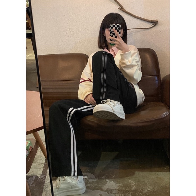 Quần thể thao ống suông 2 sọc unisex, quần ống rộng phối sọc cao cấp