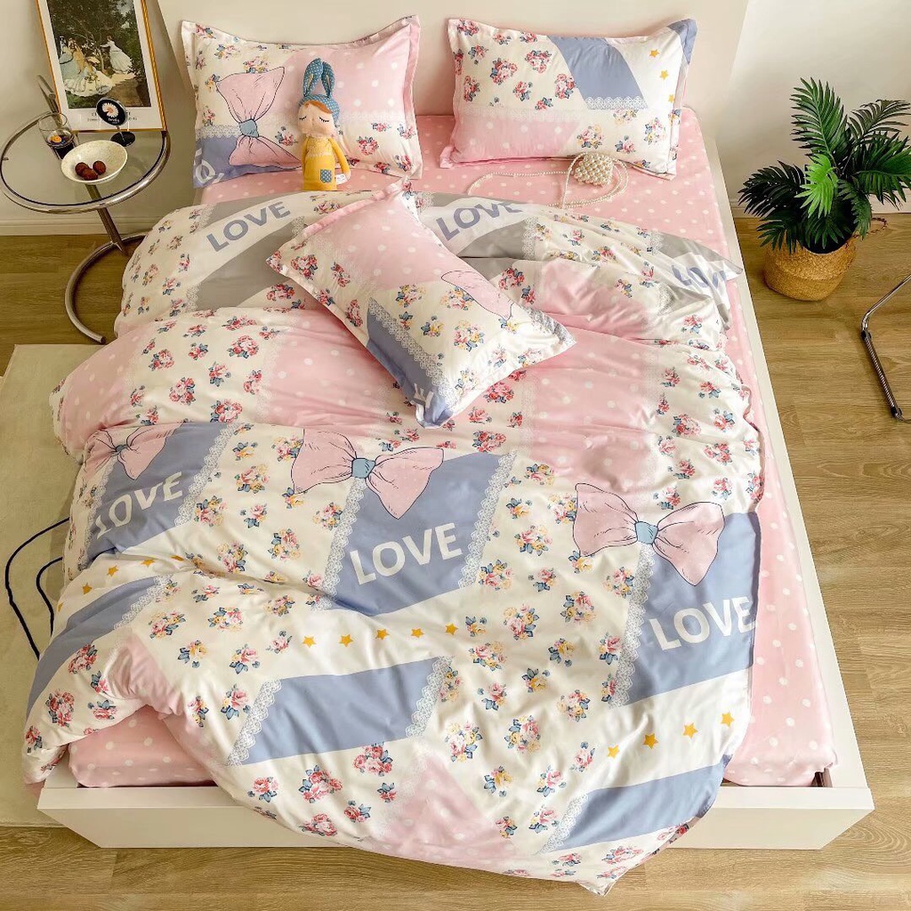 Chăn ga gối cotton poly 4 món họa tiết xinh xắn đáng yêu, chăn ga Hàn Quốc miễn phí bo chun drap ga giường