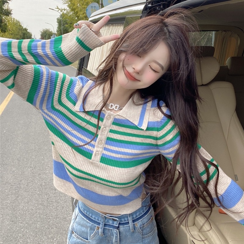 Áo sweater ZHELIHANGFEI dệt kim tay dài cổ polo eo cao kẻ sọc cá tính