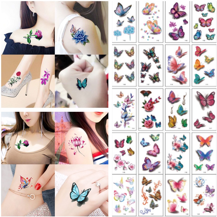 Set 30 Miếng Dán Hình Xăm Tạm Thời Họa Tiết Hoa Và Chữ Tiếng Anh Chống Thấm Nước