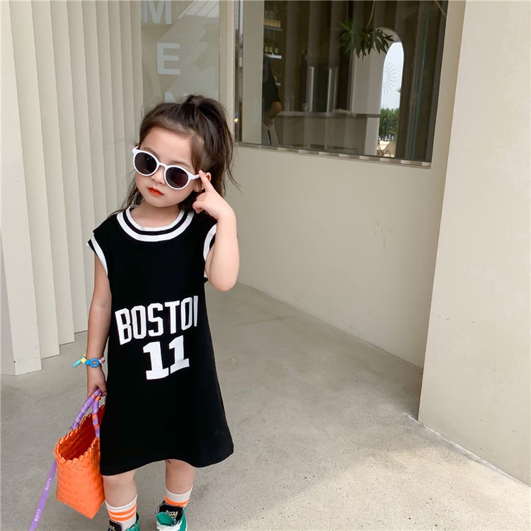 Đầm Cotton Chữ A Tay Lửng In Họa Tiết Bóng Rổ Thời Trang Mùa Hè Hàn Quốc Dành Cho Bé Gái