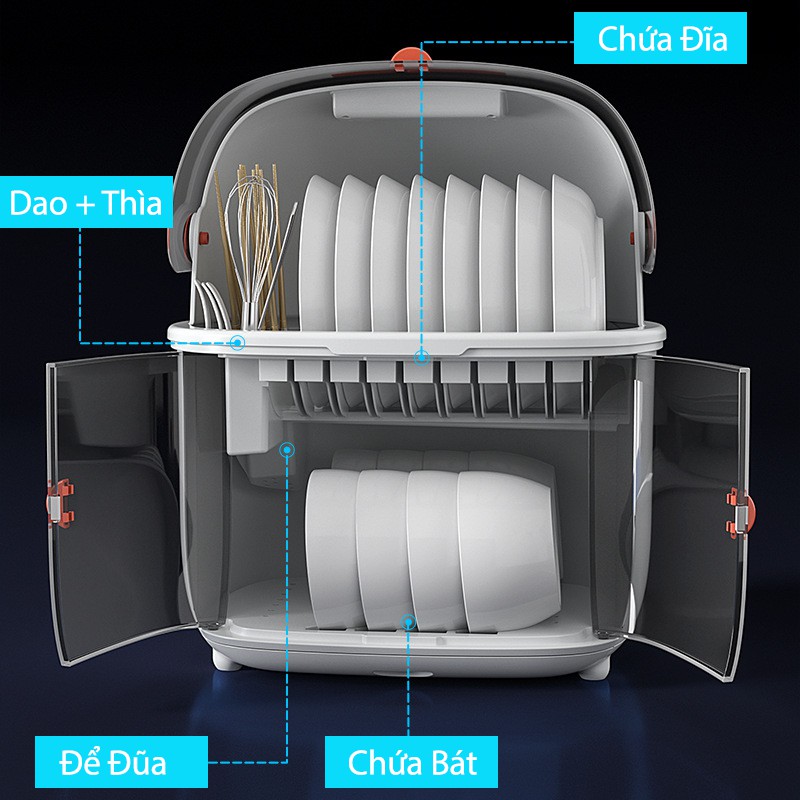 Tủ Đựng Bát Đĩa & Khử Trùng Tia UV Có Nắp Đậy THẾ HỆ MỚI - Kệ Đựng Chén Bát 2 Tầng