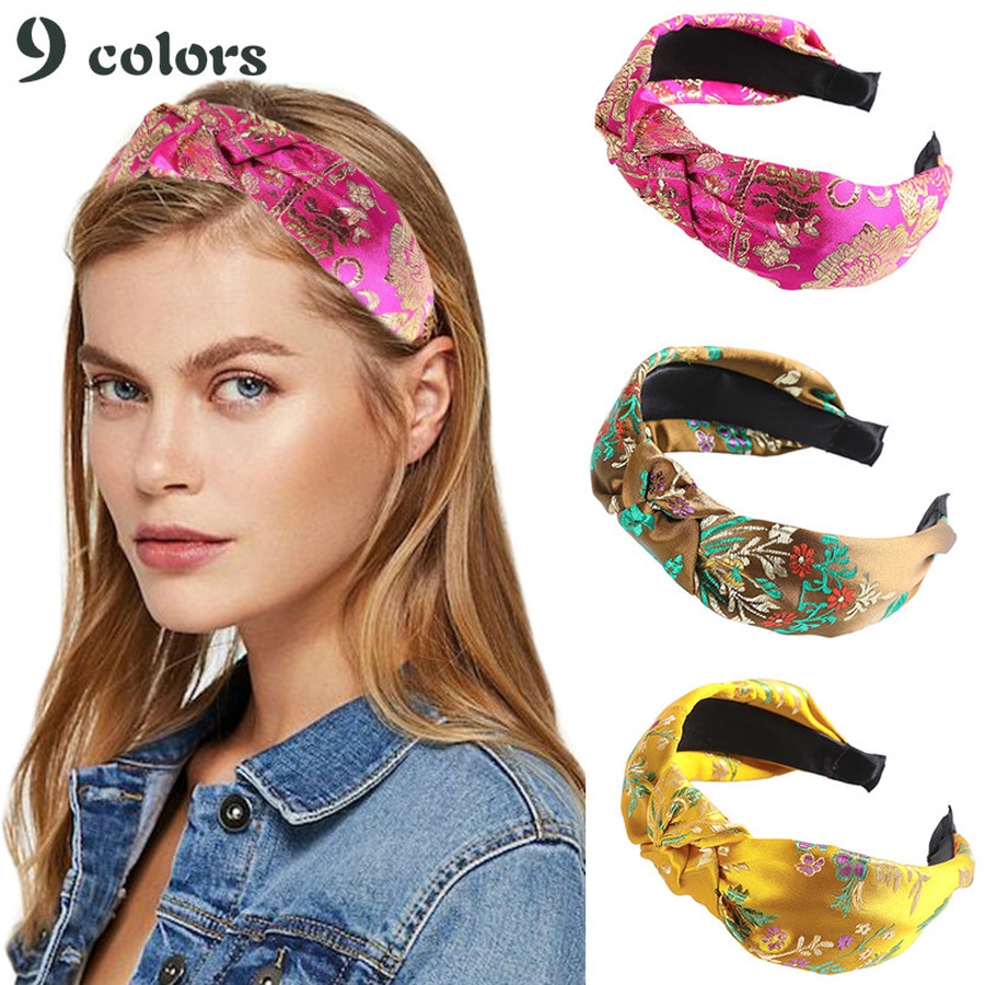 Retro Embroidery Headband Women Chinese Style Knot Wide-brimmed Stain Hairband Female Headwear