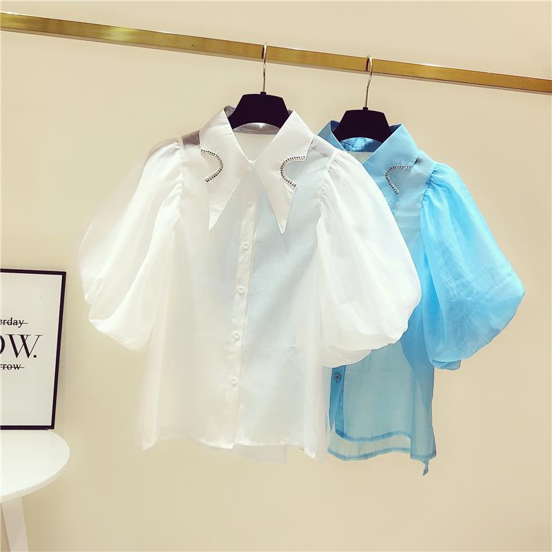 Áo Sơ Mi Tay Phồng Cổ Búp Bê Đính Đá Phong Cách Hong Kong Thời Trang Mùa Hè Cho Nữ