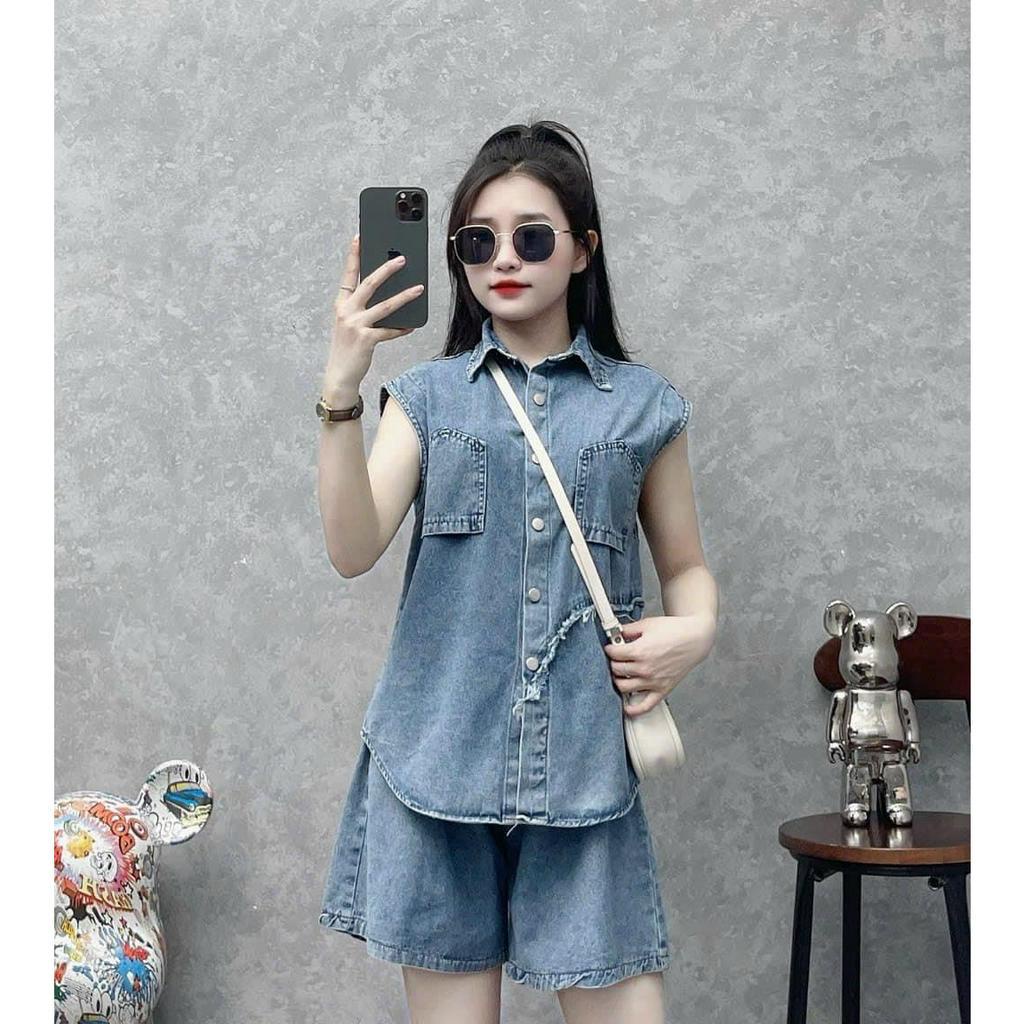 Áo sơ mi bò túi ngược tay ba lỗ kèm quần short đùi lưng cao, set đồ bộ nữ đi chơi dự tiệc chất bò mềm phong cách ulzzang