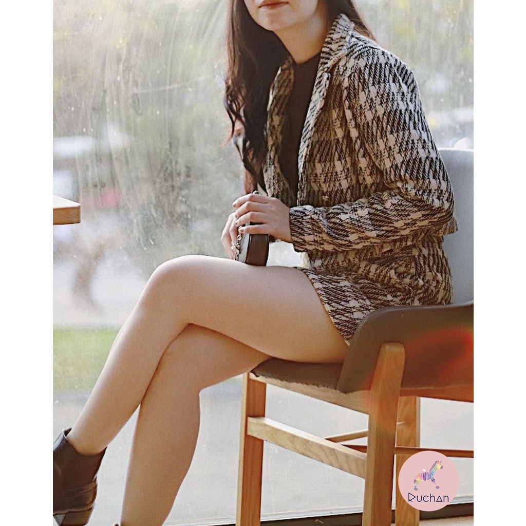 Set Suit vải tweed caro đen trắng Ruchan