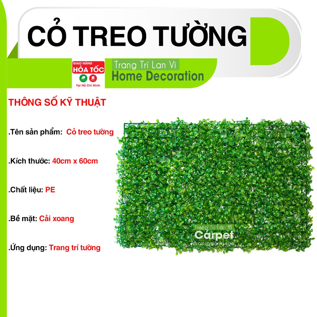 Cỏ nhân tạo treo tường, tấm cỏ nhựa cải xoang trang trí không gian nhà cửa kích thước 40cm x 60cm