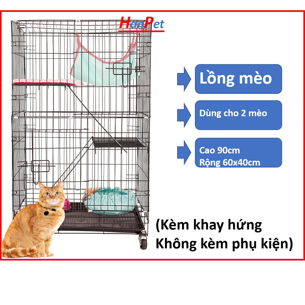 Chuồng mèo 3 tầng to đẹp giá rẻ bằng sắt Size S cao 90cm Lồng mèo thép sơn tĩnh điện kèm khay nhựa