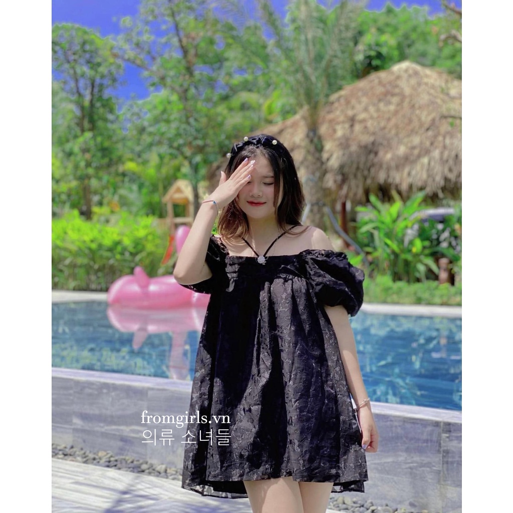 Váy yếm trễ vai, đầm trễ vai buộc dây yếm sexy dáng babydoll - V93