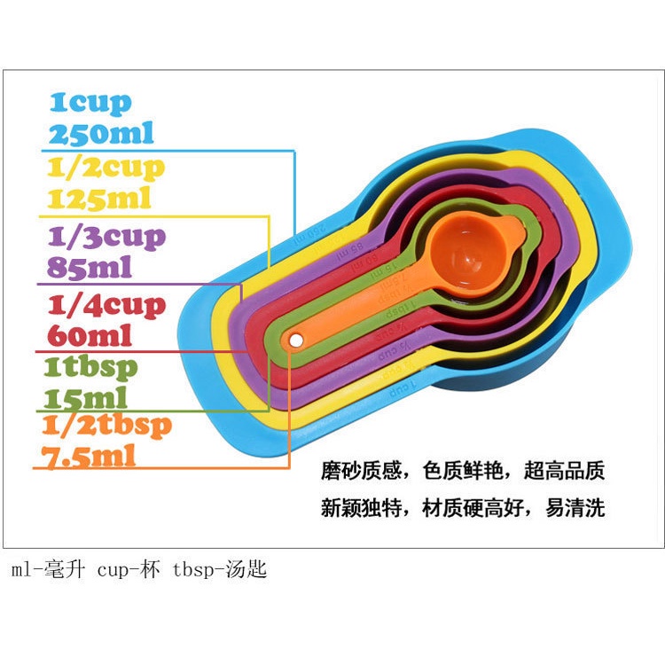 Bộ 6 thìa đong nhựa màu sắc (cup,tsp,ml)