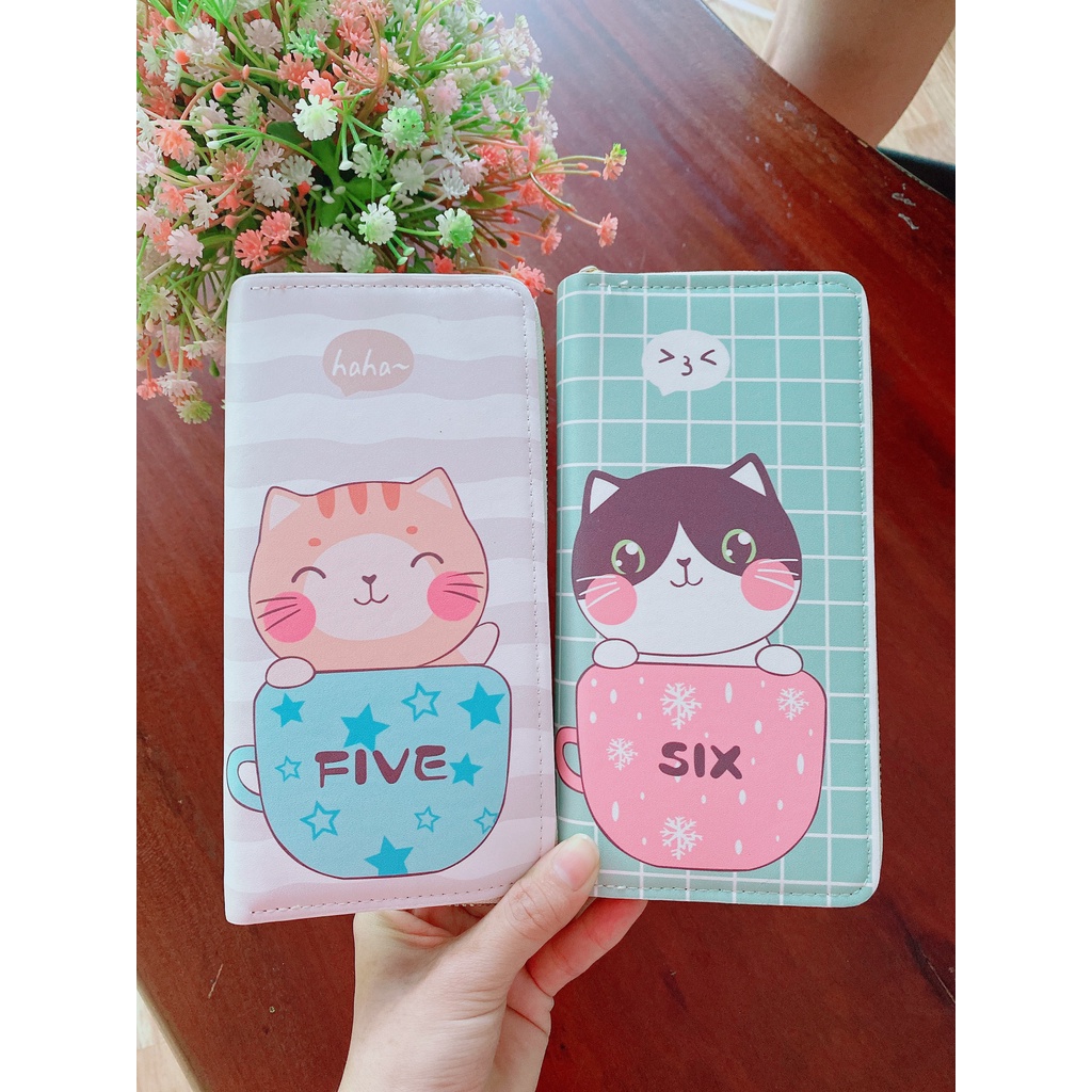 Ví Nữ Dài Cầm Tay Có Khóa Kéo Họa Tiết Cat Numberr Dễ Thương