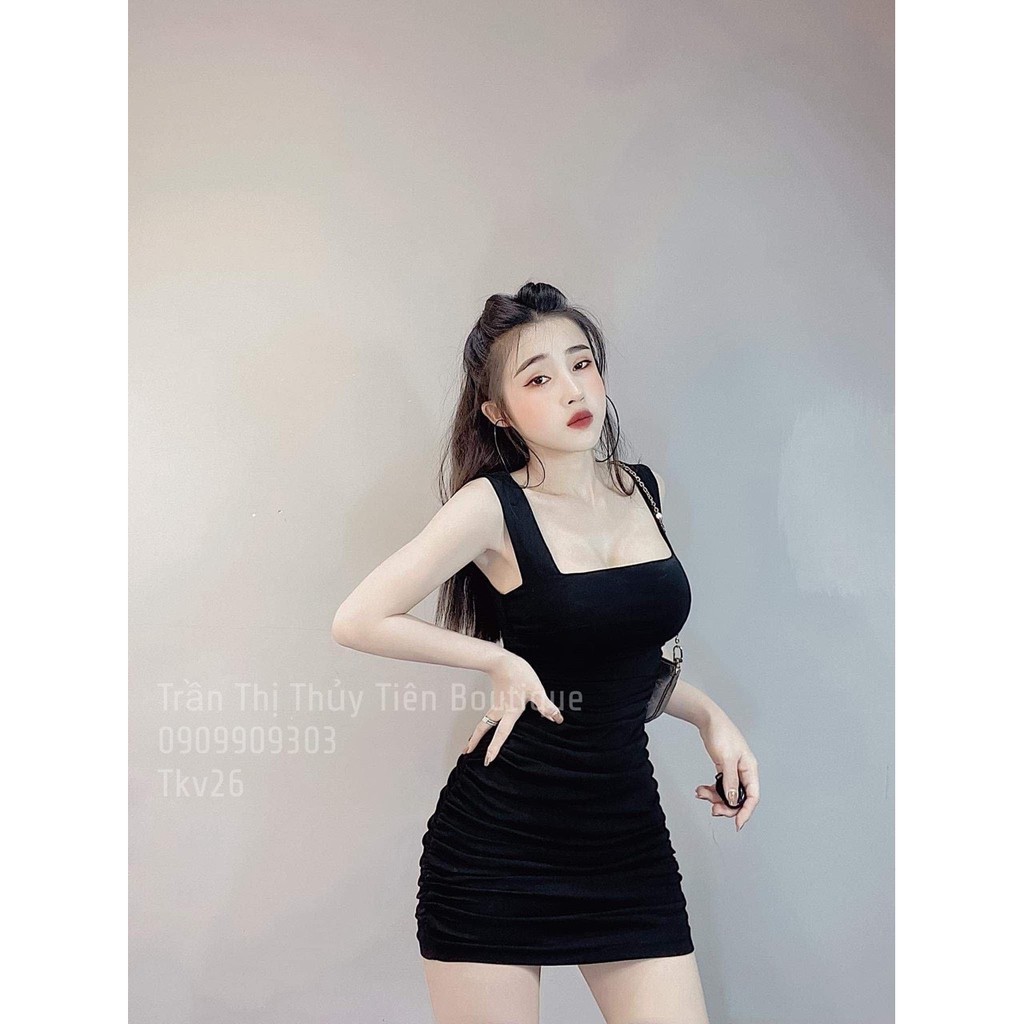 Đầm hai dây to vuông , đầm ôm body nhúm sườn chất thun thái dày dặn co giãn siêu hot