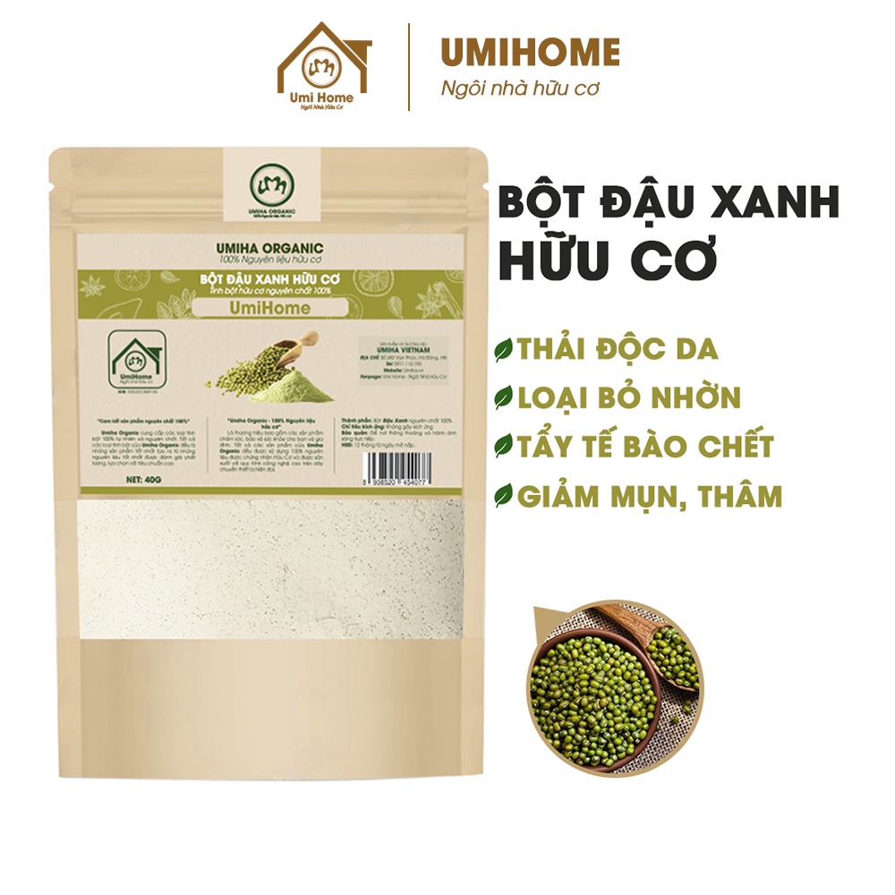 Bột đắp mặt nạ Đậu Xanh nguyên chất UMIHOME 40g thải độc loại bỏ nhờn, ngăn ngừa mụn và làm sạch tế bào chết