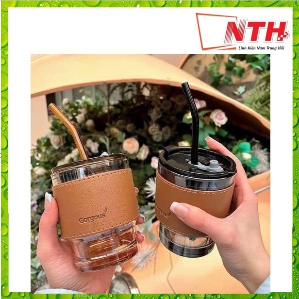 CỐC THỦY TINH BỌC DA SANG TRỌNG , 450ML KÈM ỐNG HÚT