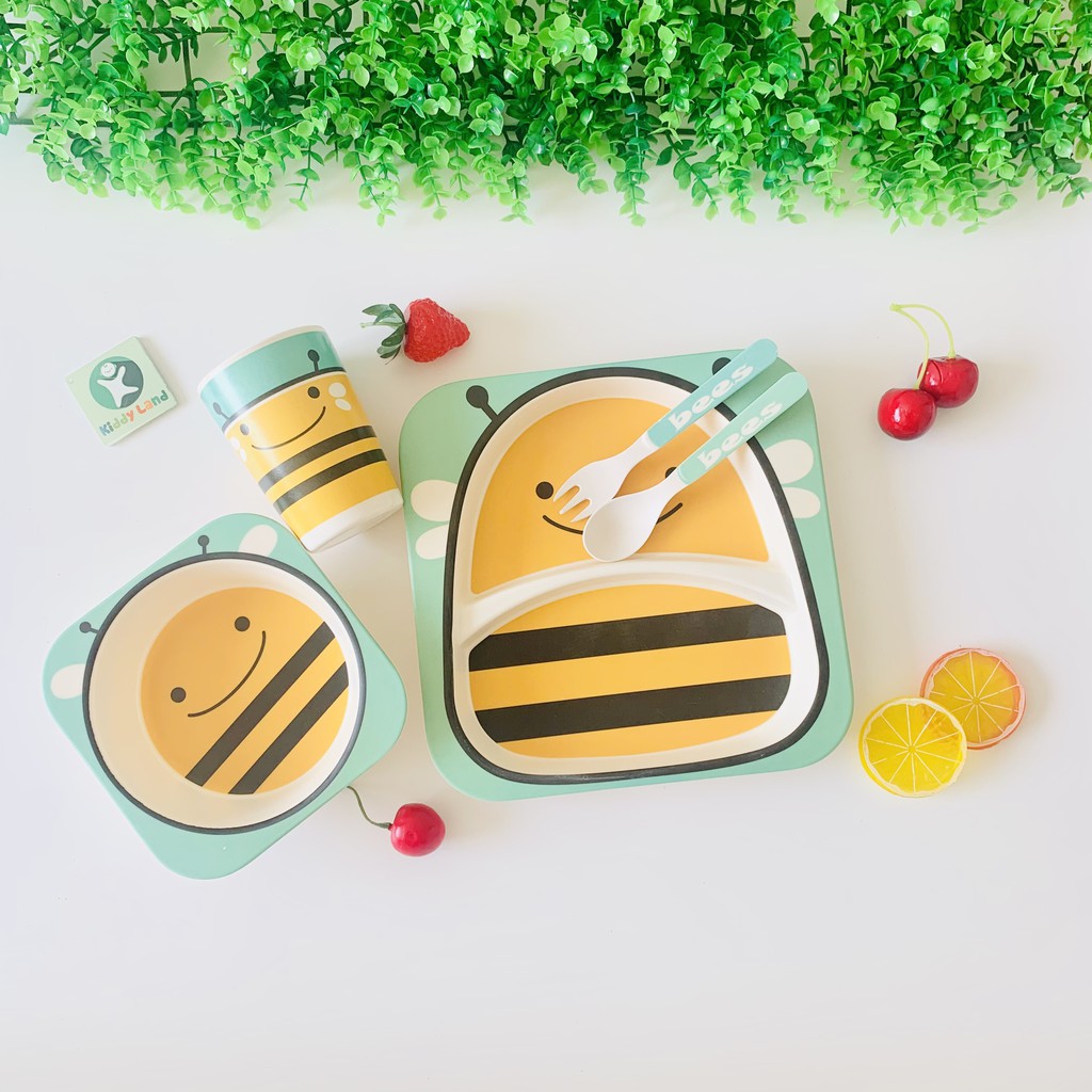 Bộ khay bát ăn dặm sợi tre BAMBOO hình thú - Set 5 chi tiết gồm khay, bát, cốc, thìa, dĩa cho bé tập ăn