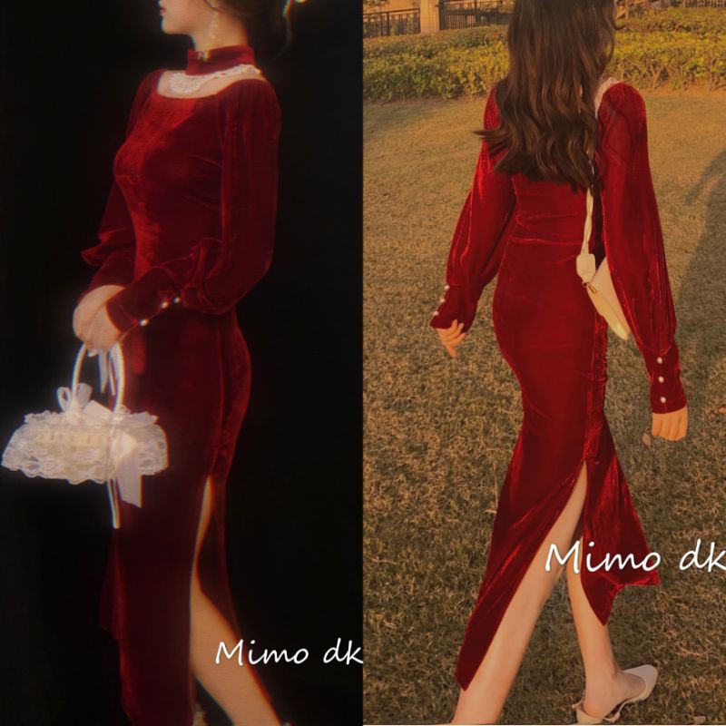 Váy/ Đầm sườn xám phong cách trung hoa, cổ phối ngọc, chất nhung có 2 màu đỏ, đen
