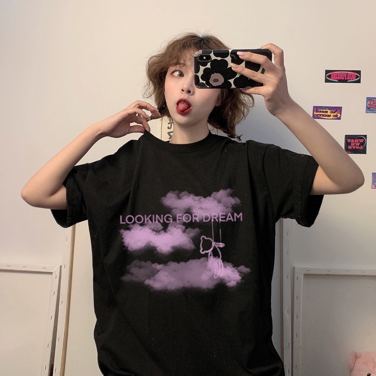 Áo thun IELGY tay ngắn dáng dài in họa tiết phong cách Hàn Quốc thời trang thoải mái cho nữ