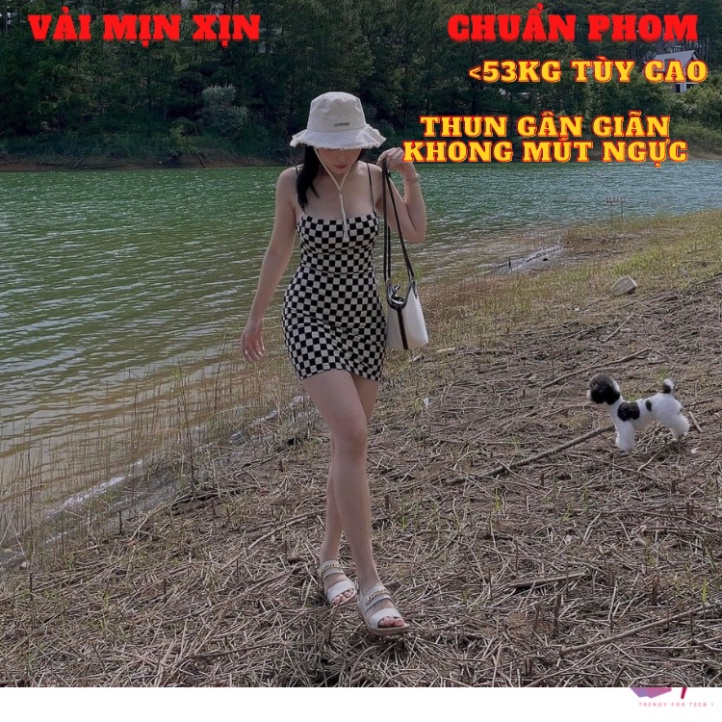 Váy đầm nữ 2 dây caro dây bún dáng ngắn ôm body dự tiệc sang chảnh kiểu hàn quốc VD217 -mộc miên